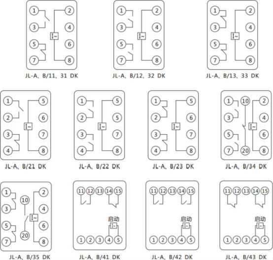 JL-A、B/33 DK無輔源電流繼電器內部接線及外引端子圖（正視圖）