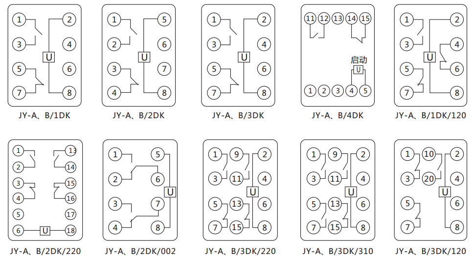 JY-B/1DK無(wú)輔源電壓繼電器內(nèi)部接線圖及外引接線圖（正視圖） 