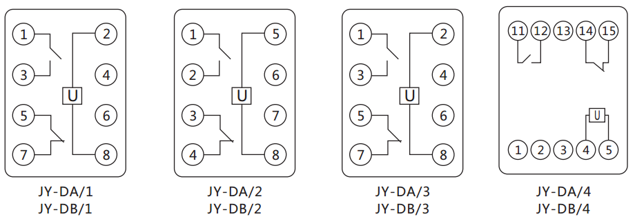 JY-DB/2集成電路直流電壓繼電器內部接線圖及外引接線圖（正視圖）